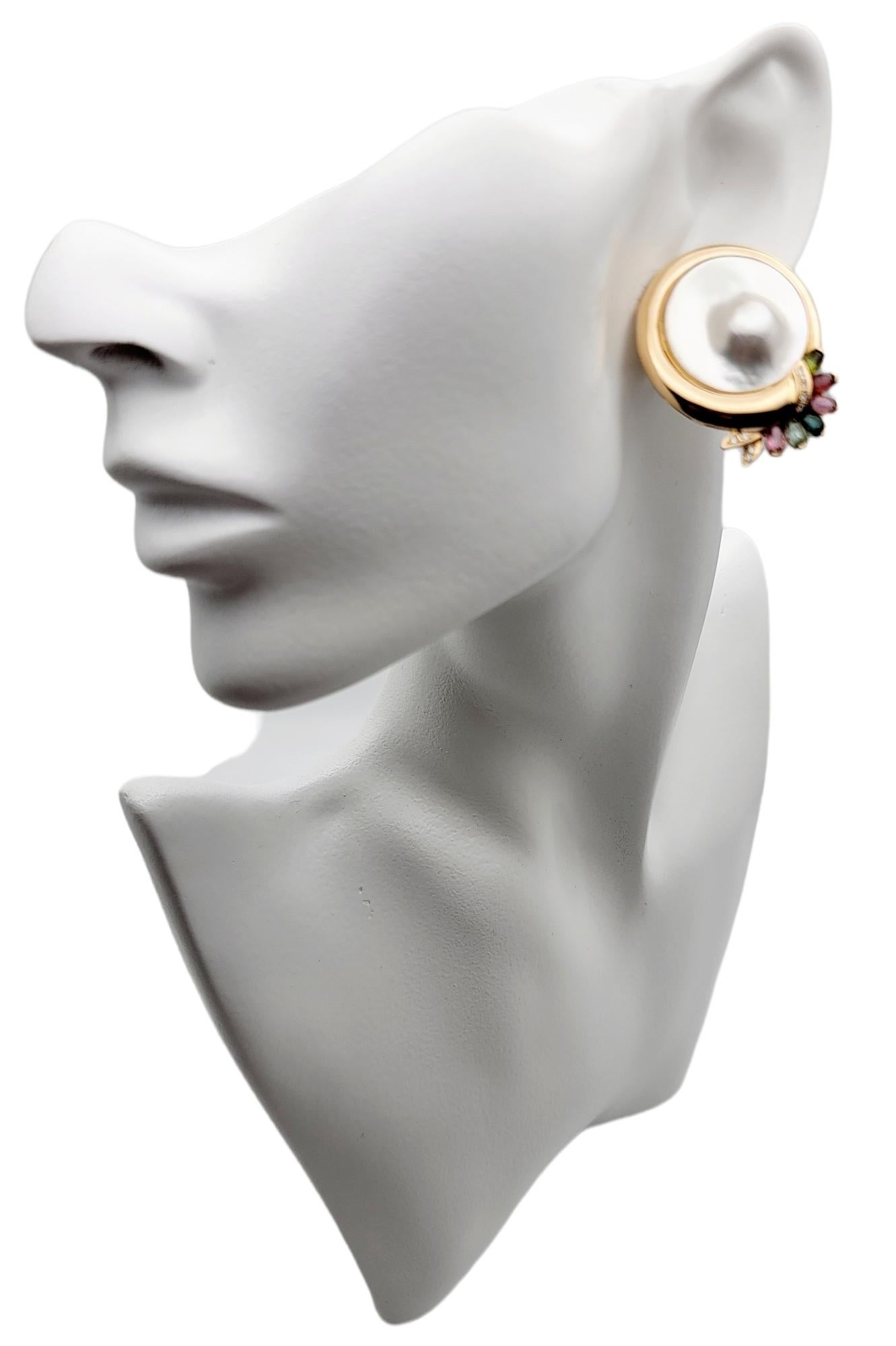 Cultured Mabe Blistered Pearl 14 Karat Gold Earrings with Diamonds and Gemstones For Sale 2