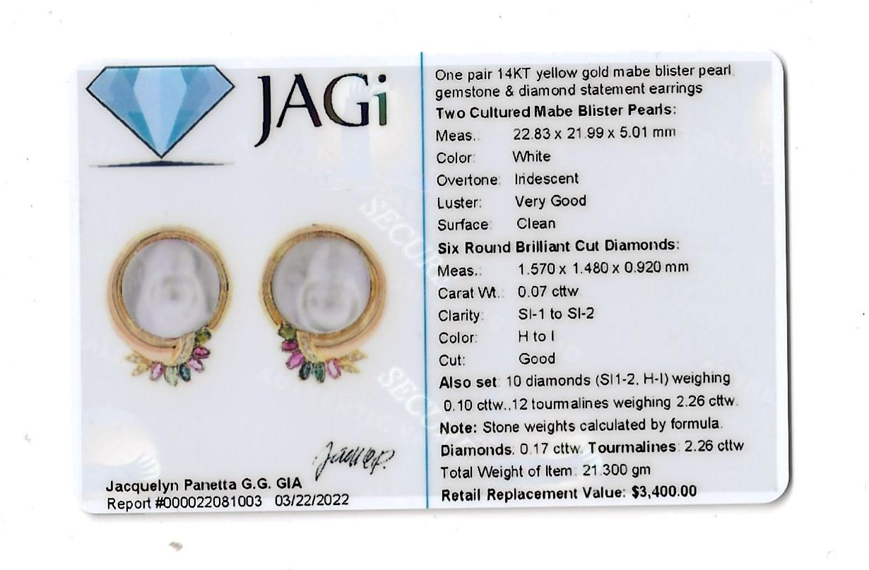 Cultured Mabe Blistered Pearl 14 Karat Gold Earrings with Diamonds and Gemstones For Sale 3