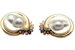 Cultured Mabe Blistered Pearl Earrings with Diamonds and Gemstones 14 Karat Gold