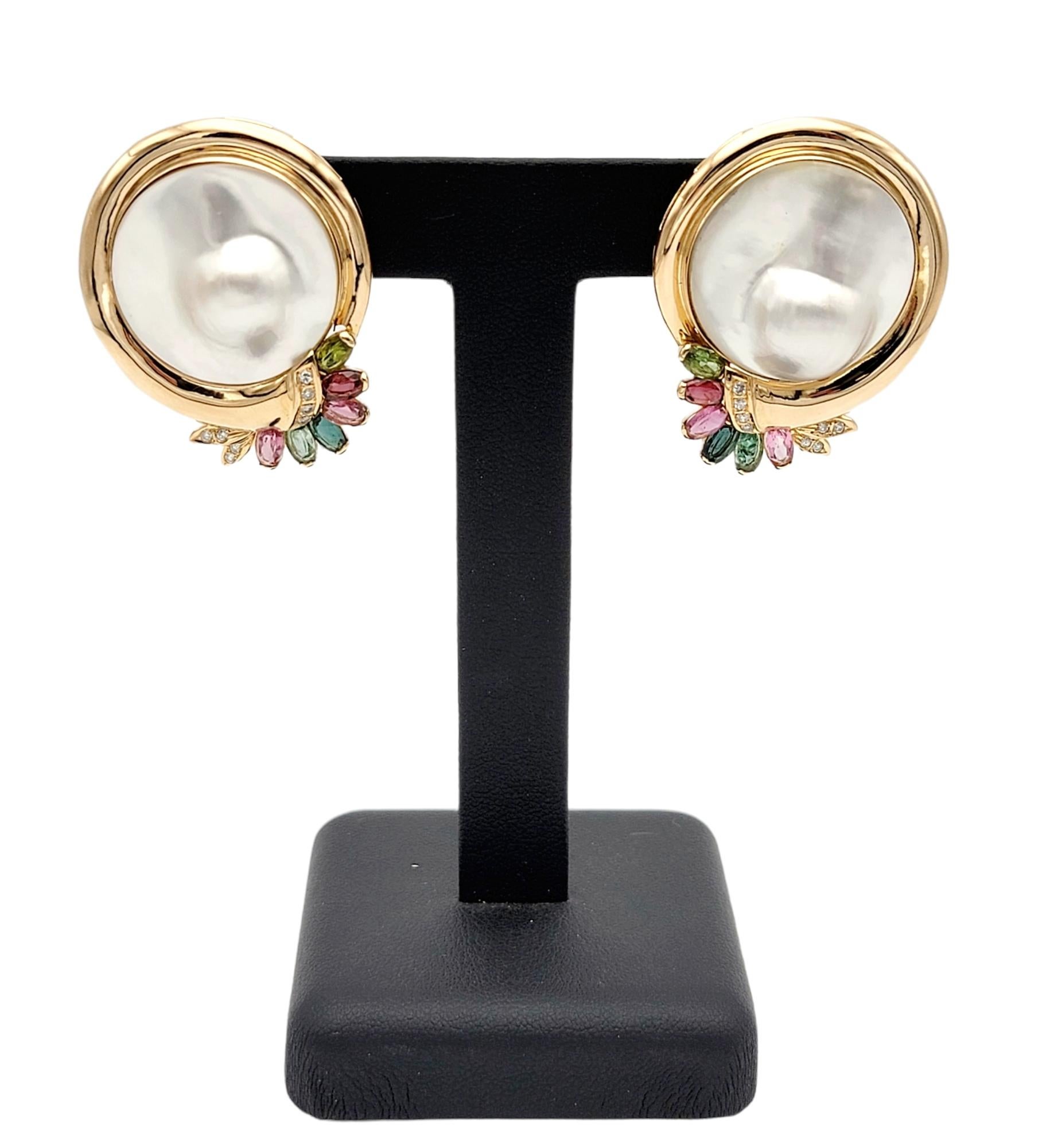 Women's Cultured Mabe Blistered Pearl 14 Karat Gold Earrings with Diamonds and Gemstones For Sale