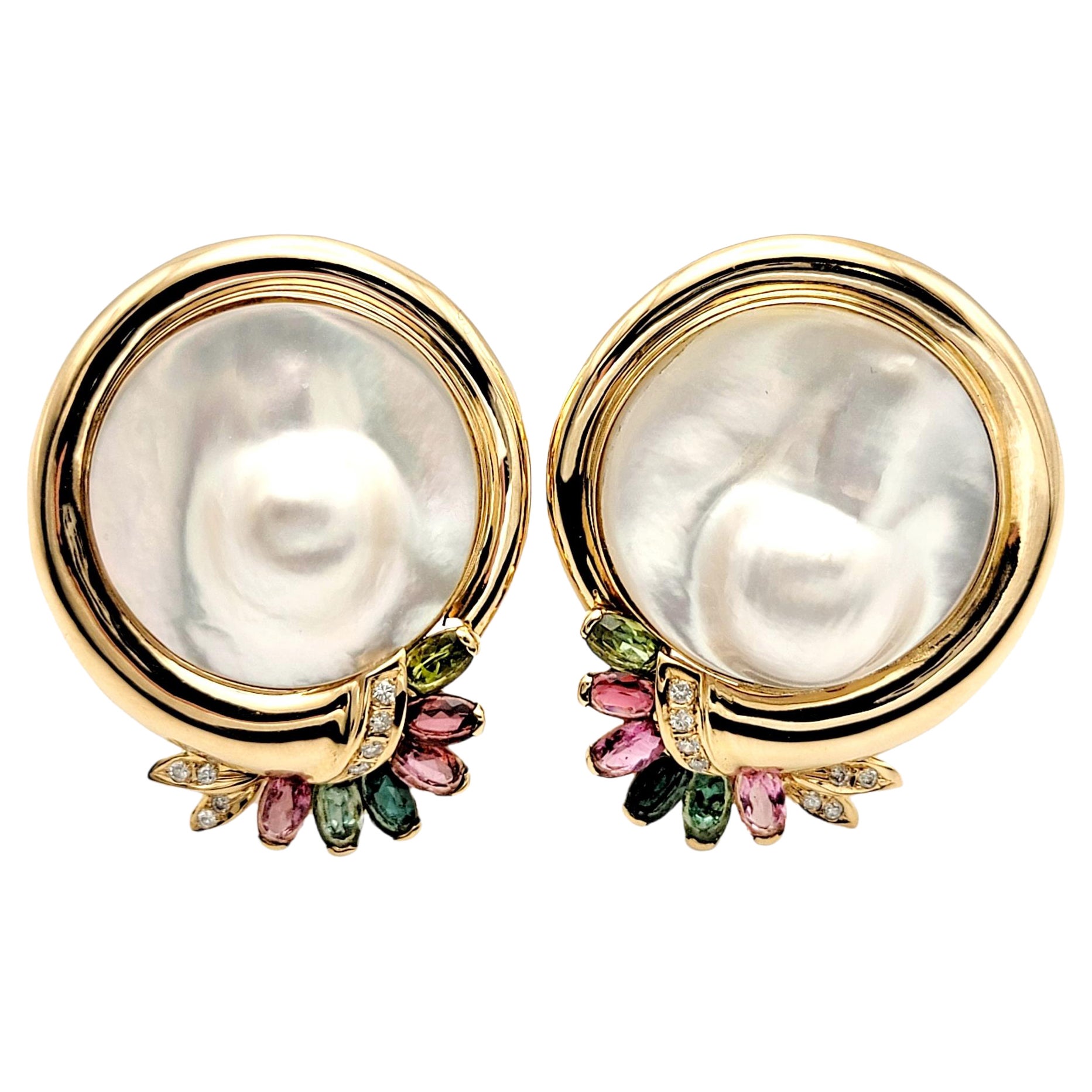 Cultured Mabe Blistered Pearl 14 Karat Gold Earrings with Diamonds and Gemstones For Sale