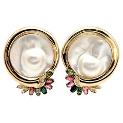 Cultured Mabe Blistered Pearl 14 Karat Gold Earrings with Diamonds and Gemstones