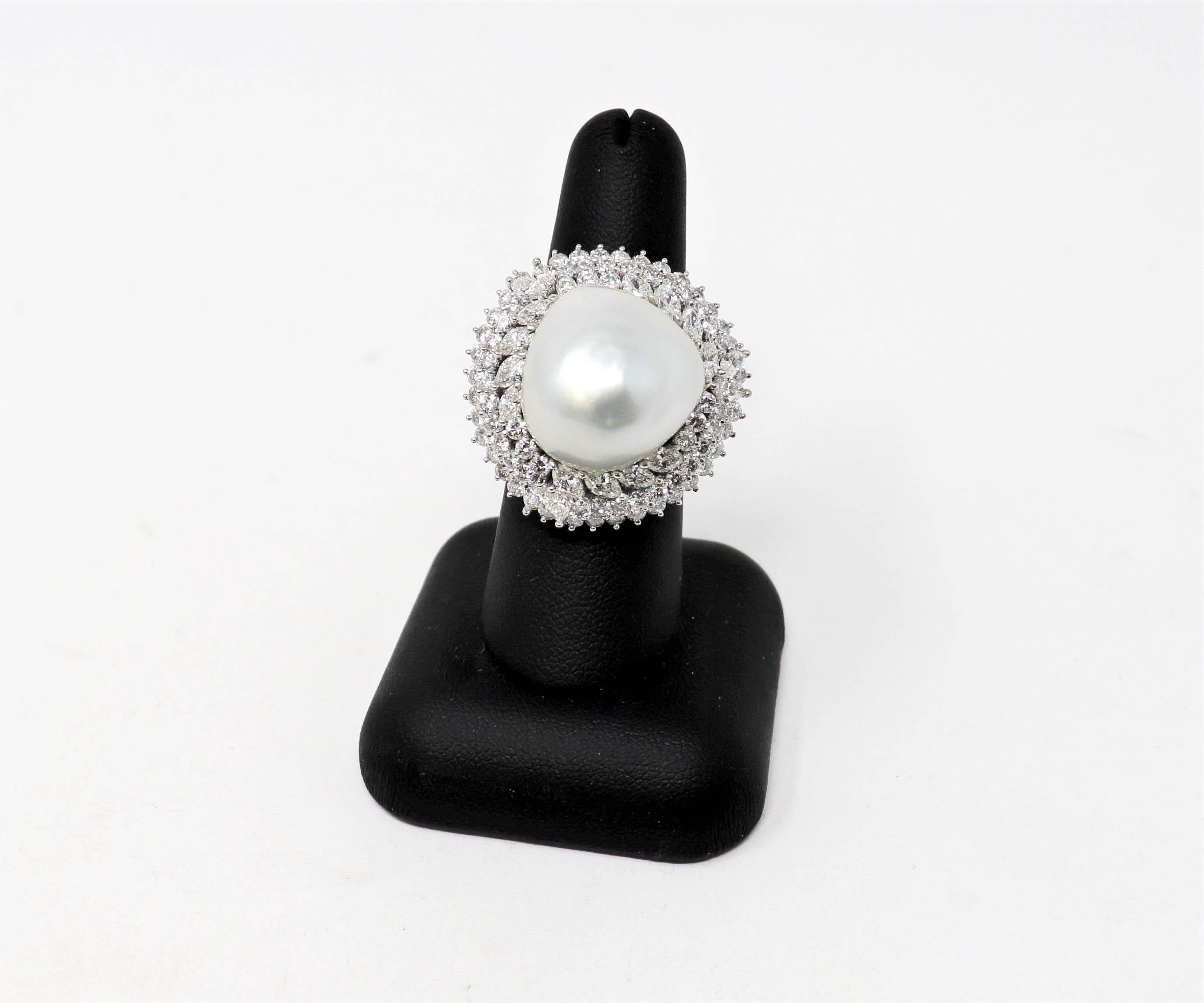 Bague cocktail ballerine en platine, perle de culture et diamants à plusieurs rangs en vente 5