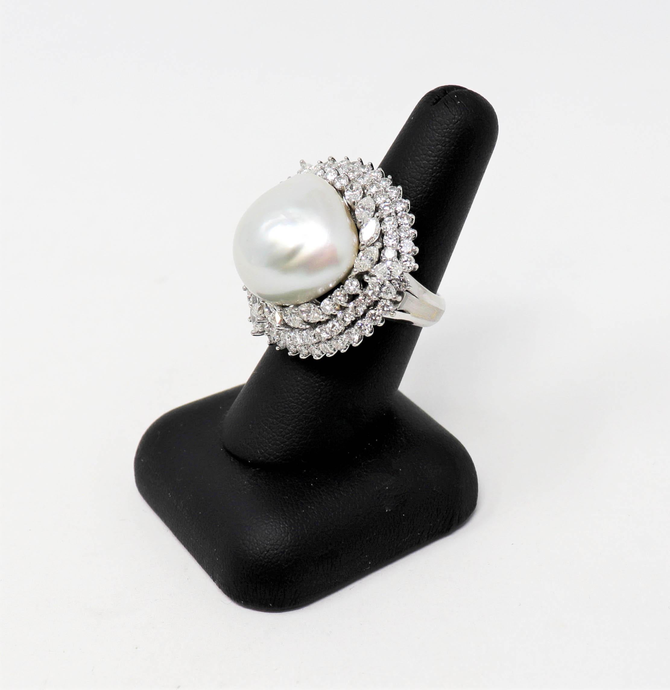 Bague cocktail ballerine en platine, perle de culture et diamants à plusieurs rangs en vente 6