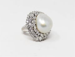 Cultured Mabe Pearl and Multi Row Diamond Ballerina Cocktail Ring in Platinum