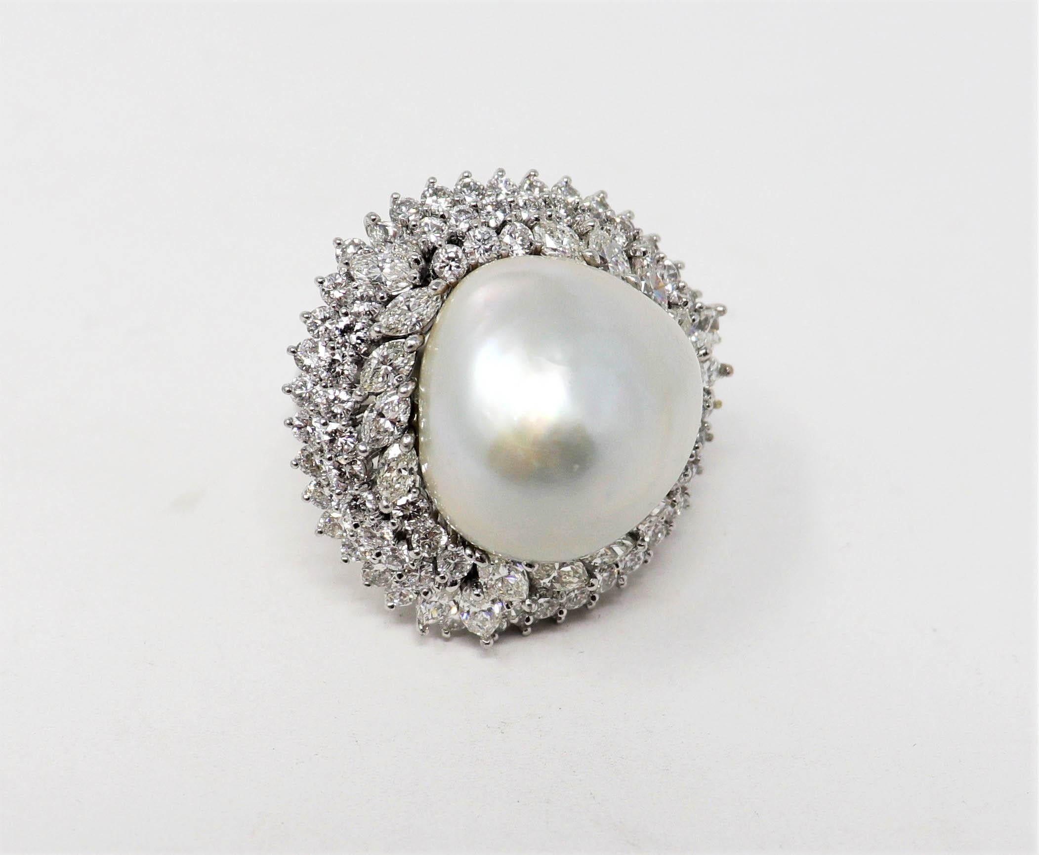 Marquise Cut Cultured Mabe Pearl and Multi Row Diamond Ballerina Cocktail Ring in Platinum For Sale