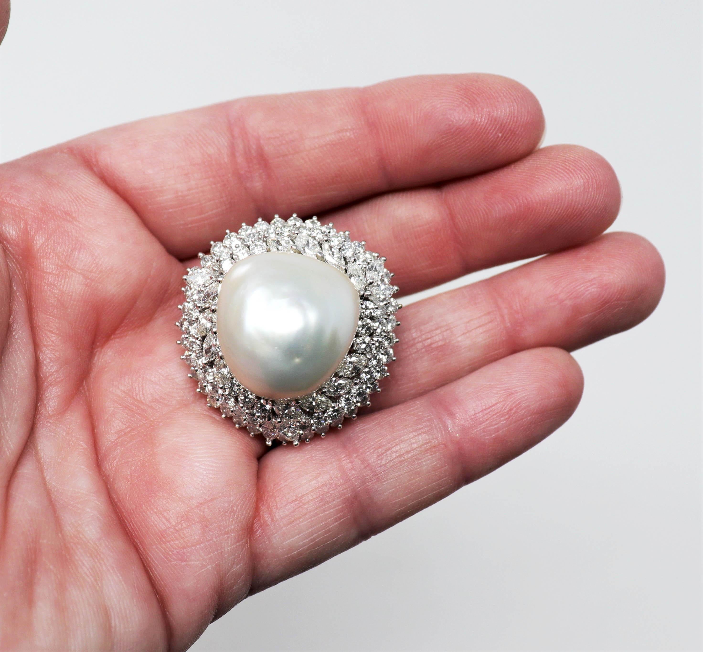 Cultured Mabe Pearl and Multi Row Diamond Ballerina Cocktail Ring in Platinum For Sale 1