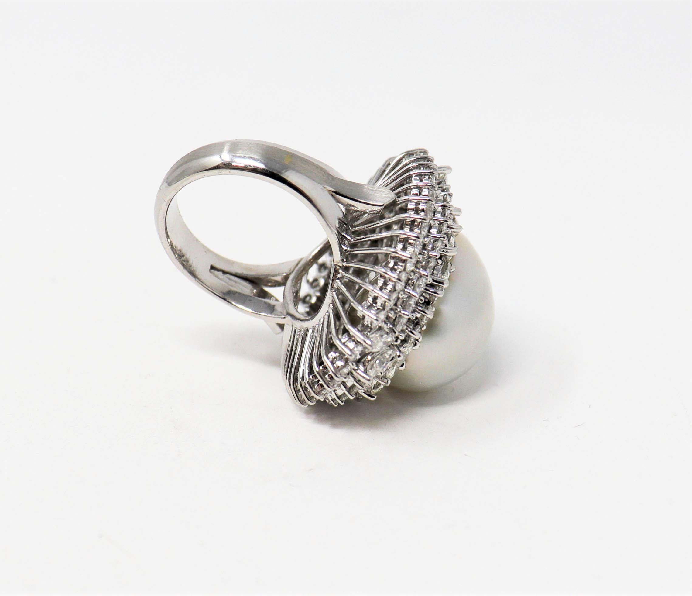 Cultured Mabe Pearl and Multi Row Diamond Ballerina Cocktail Ring in Platinum For Sale 4