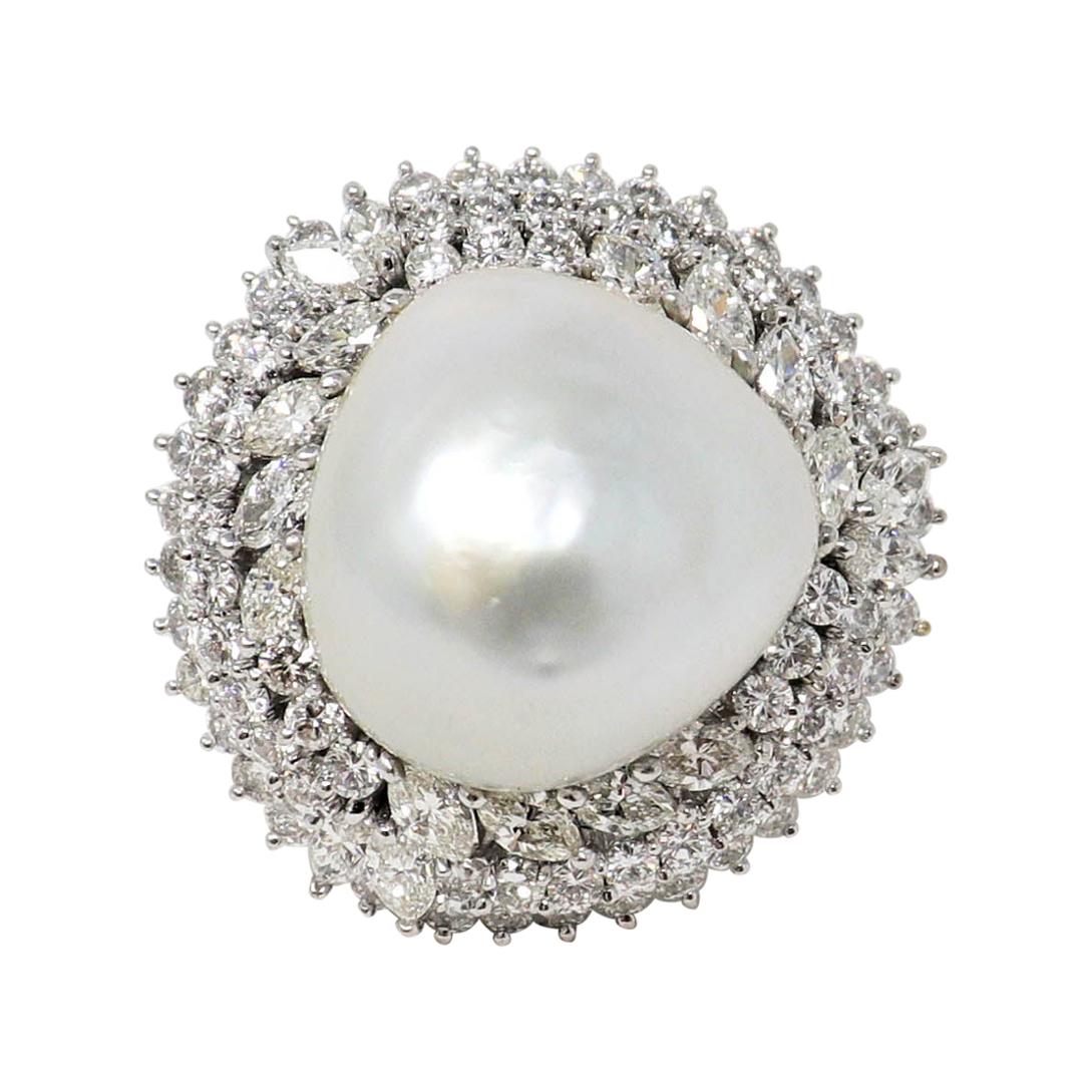 Cultured Mabe Pearl and Multi Row Diamond Ballerina Cocktail Ring in Platinum