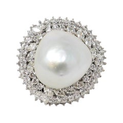 Cultured Mabe Pearl and Multi Row Diamond Ballerina Cocktail Ring in Platinum