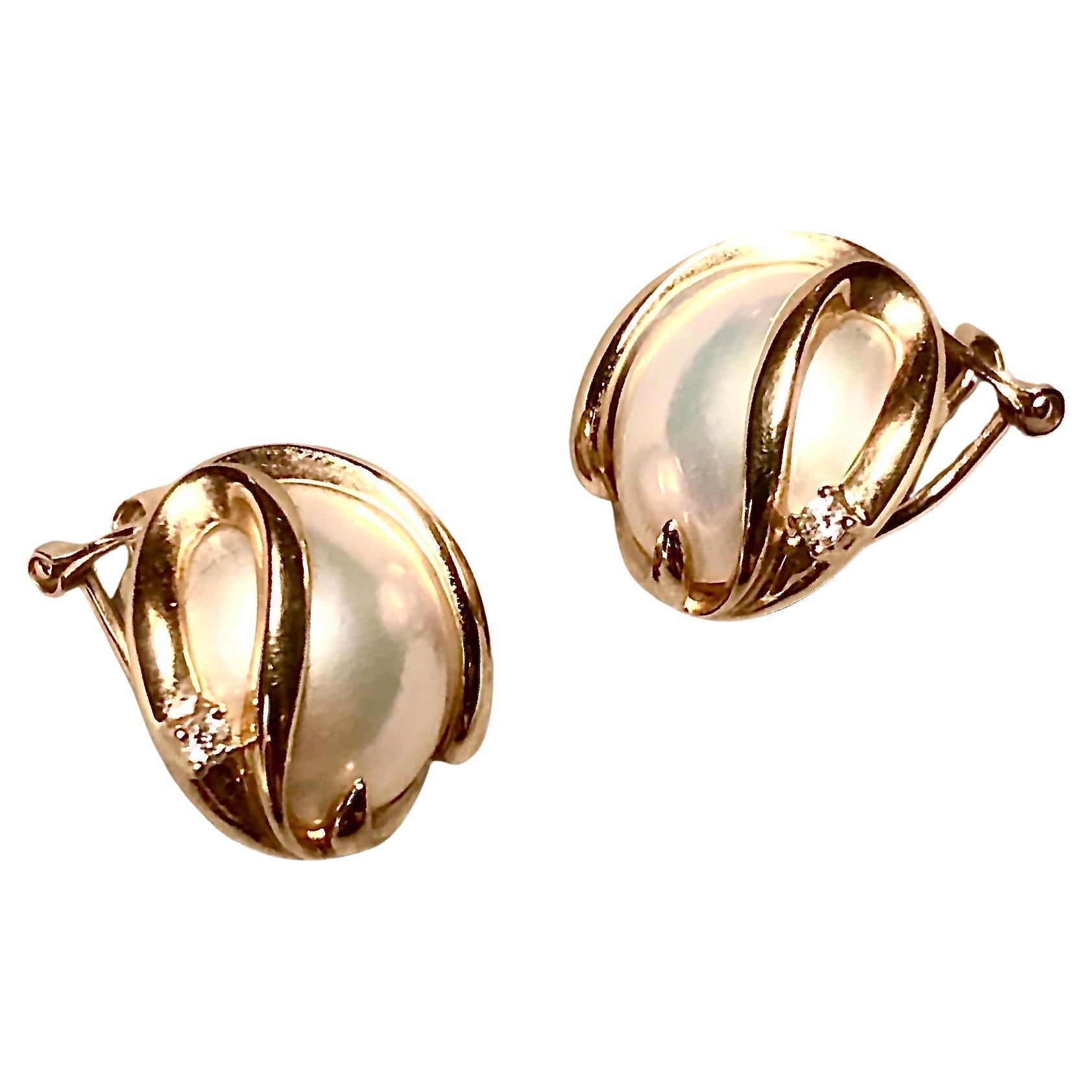 Cultured Mabe pearl, gold and diamond earrings For Sale