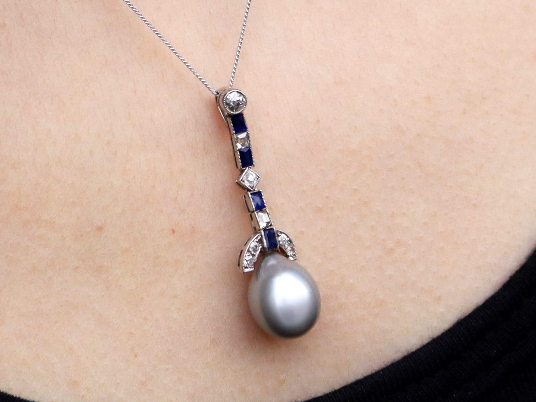 Cultured Pearl, 0.30 Carat Sapphire and 0.35 Carat Diamond, Platinum Pendant 5
