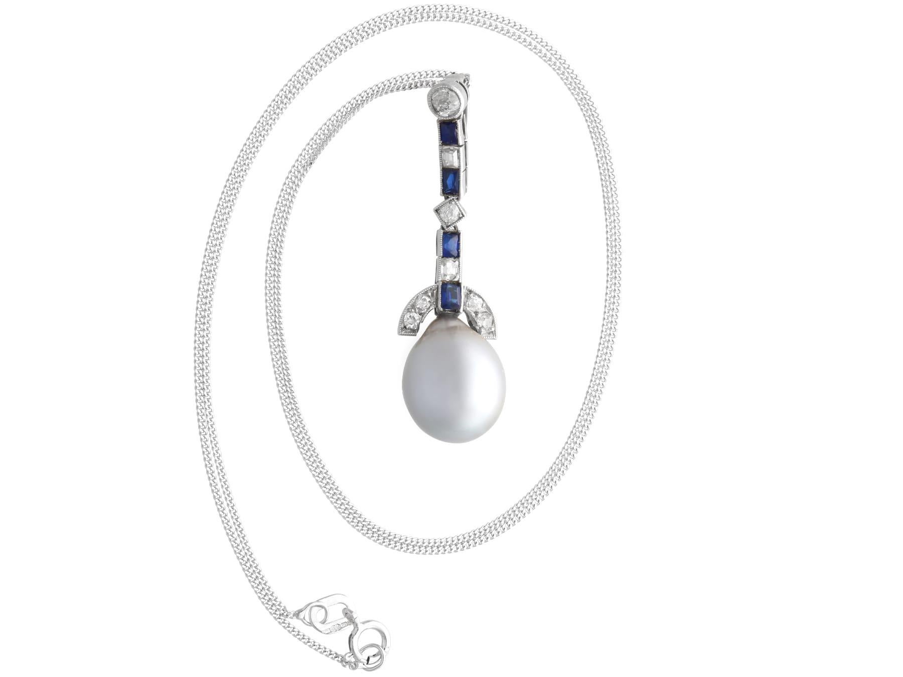 Cultured Pearl, 0.30 Carat Sapphire and 0.35 Carat Diamond, Platinum Pendant In Excellent Condition In Jesmond, Newcastle Upon Tyne