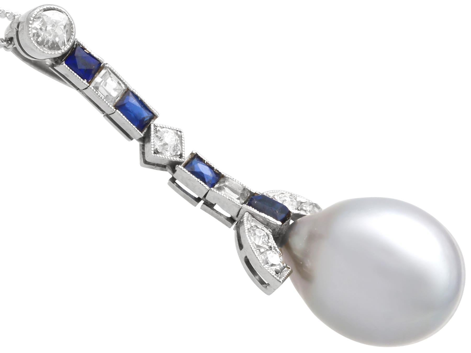Women's or Men's Cultured Pearl, 0.30 Carat Sapphire and 0.35 Carat Diamond, Platinum Pendant