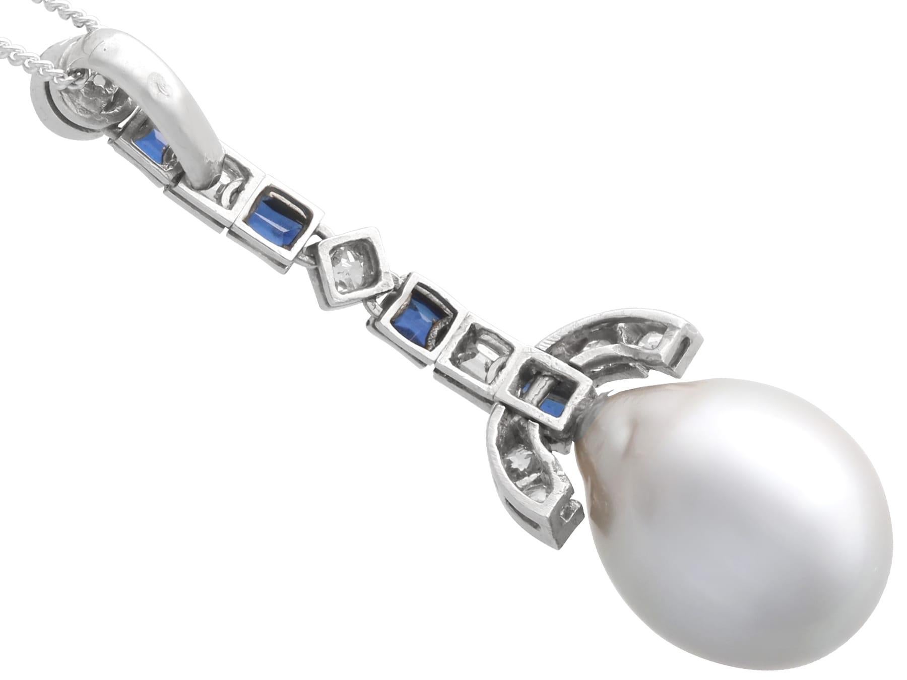 Cultured Pearl, 0.30 Carat Sapphire and 0.35 Carat Diamond, Platinum Pendant 1