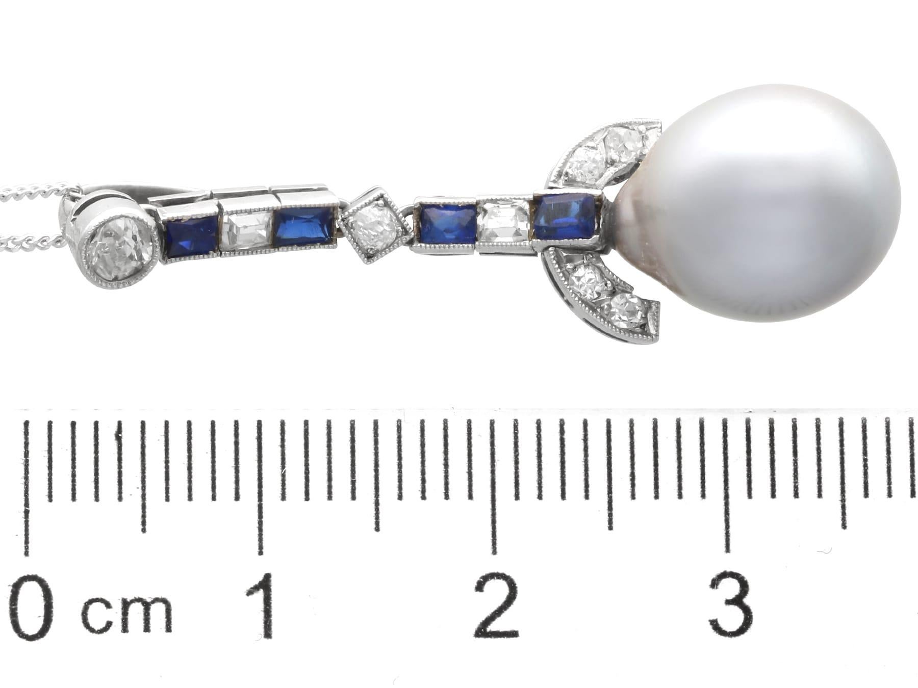 Cultured Pearl, 0.30 Carat Sapphire and 0.35 Carat Diamond, Platinum Pendant 2