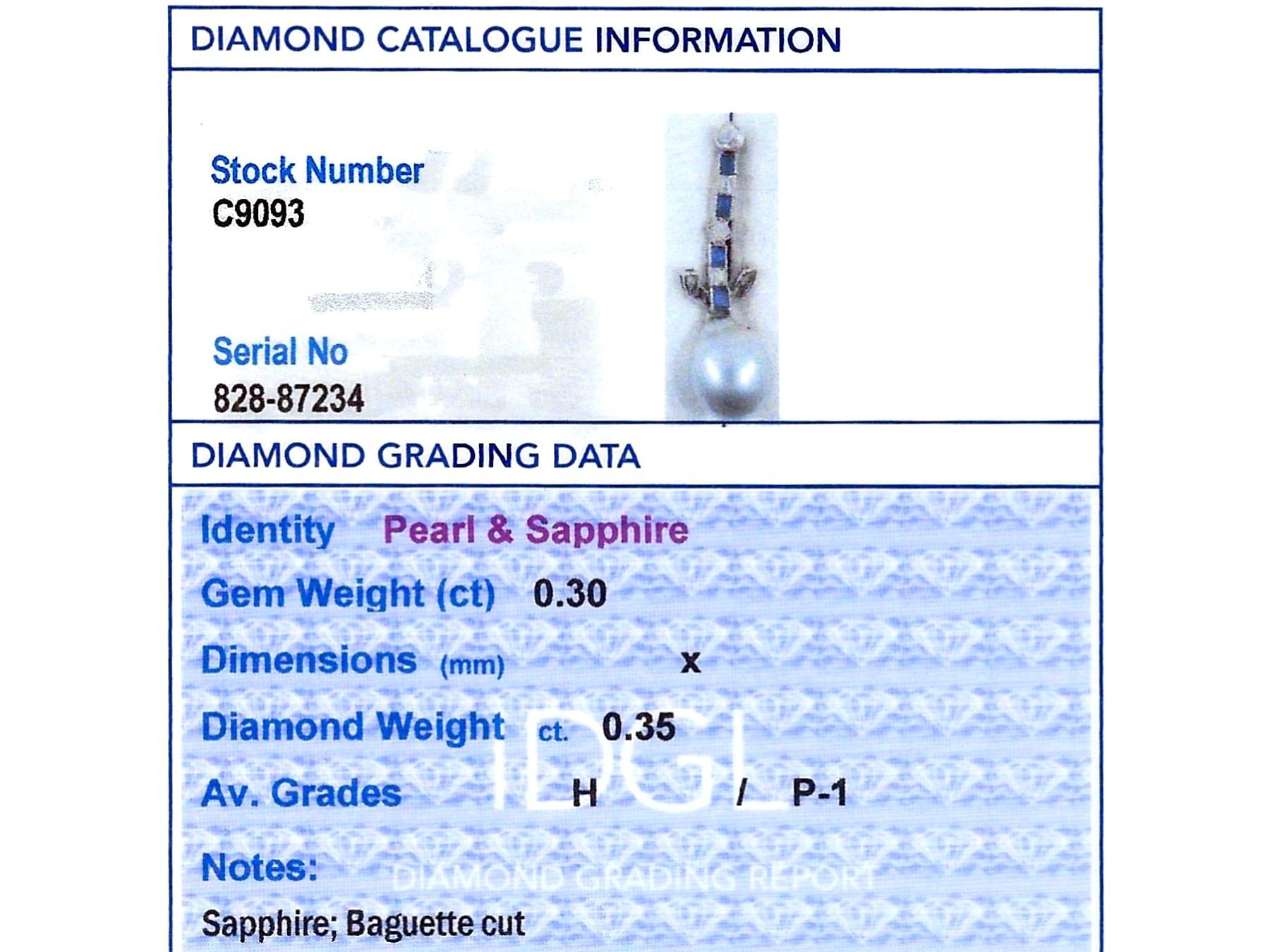 Cultured Pearl, 0.30 Carat Sapphire and 0.35 Carat Diamond, Platinum Pendant 3