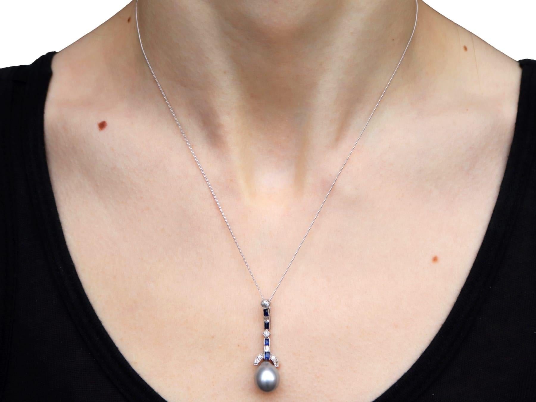 Cultured Pearl, 0.30 Carat Sapphire and 0.35 Carat Diamond, Platinum Pendant 4