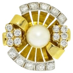 Cultured Pearl 1 Carat Diamonds 18 Carats Yellow Gold Retro Cocktail Ring