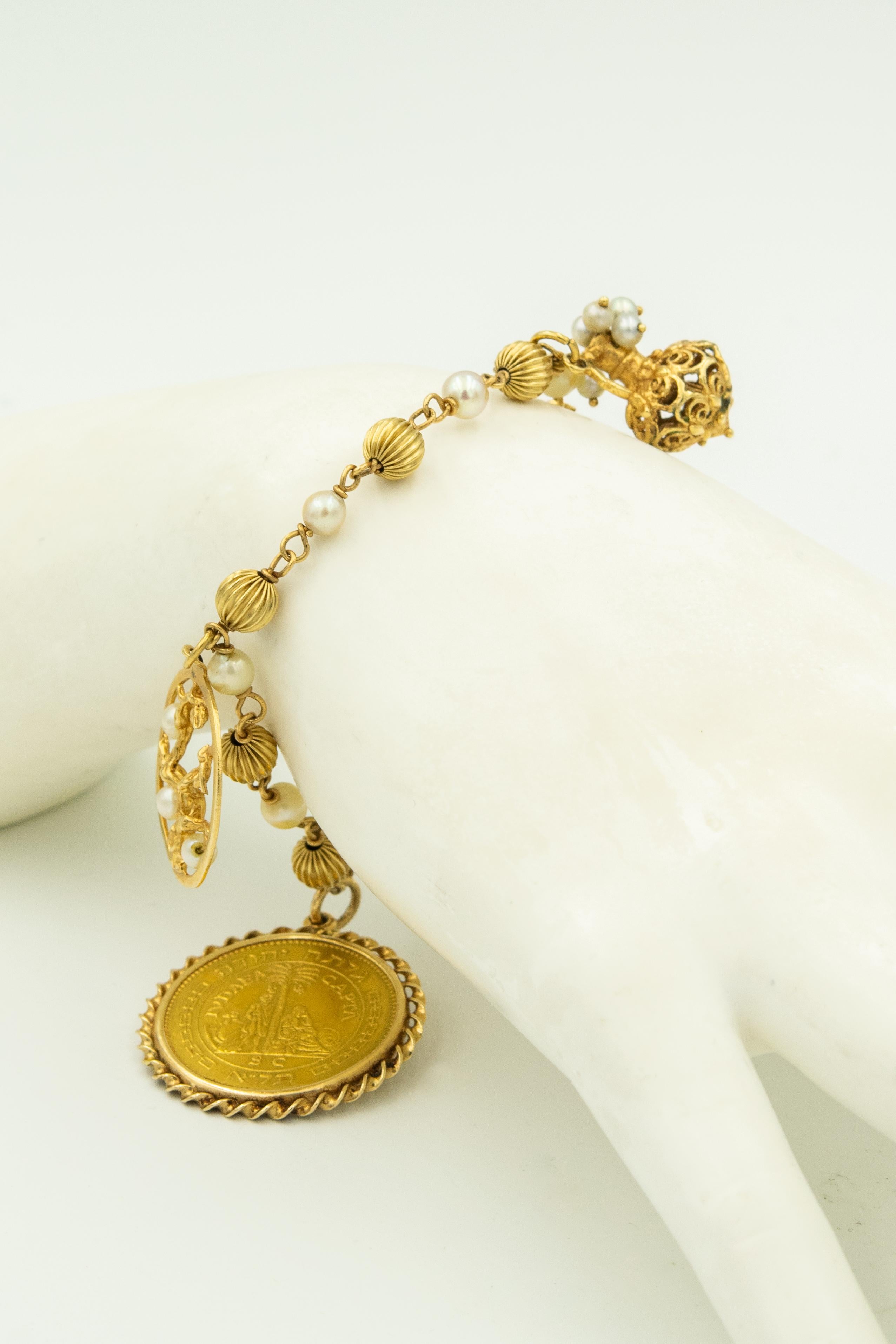 Cultured Pearl 14 Karat Yellow Gold Charm Bracelet with Israel Liberata Medal 2
