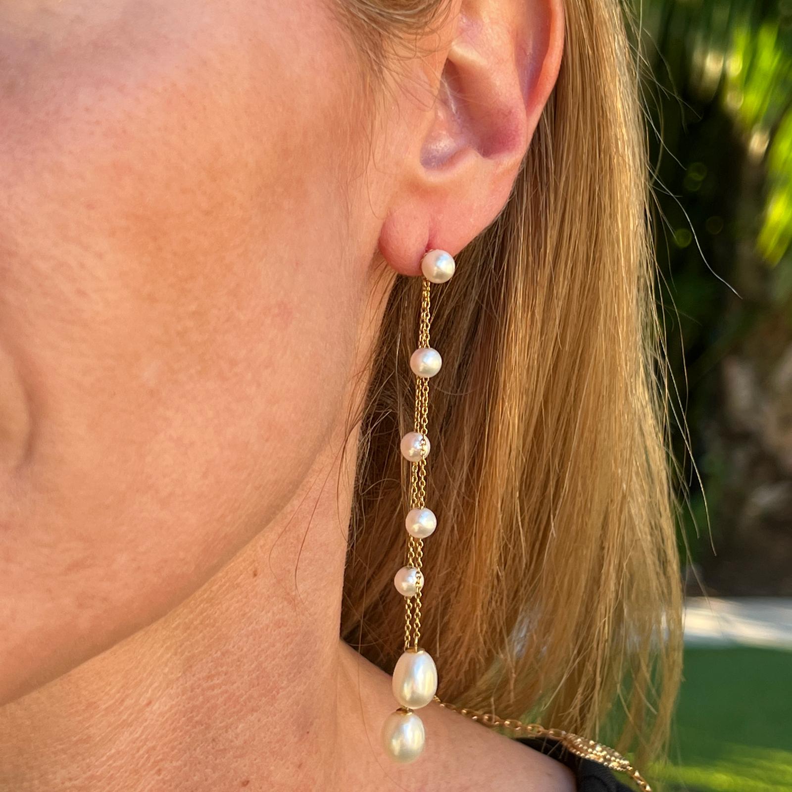 Bead Cultured Pearl 14 Karat Yellow Gold Drop Dangle Modern Earrings