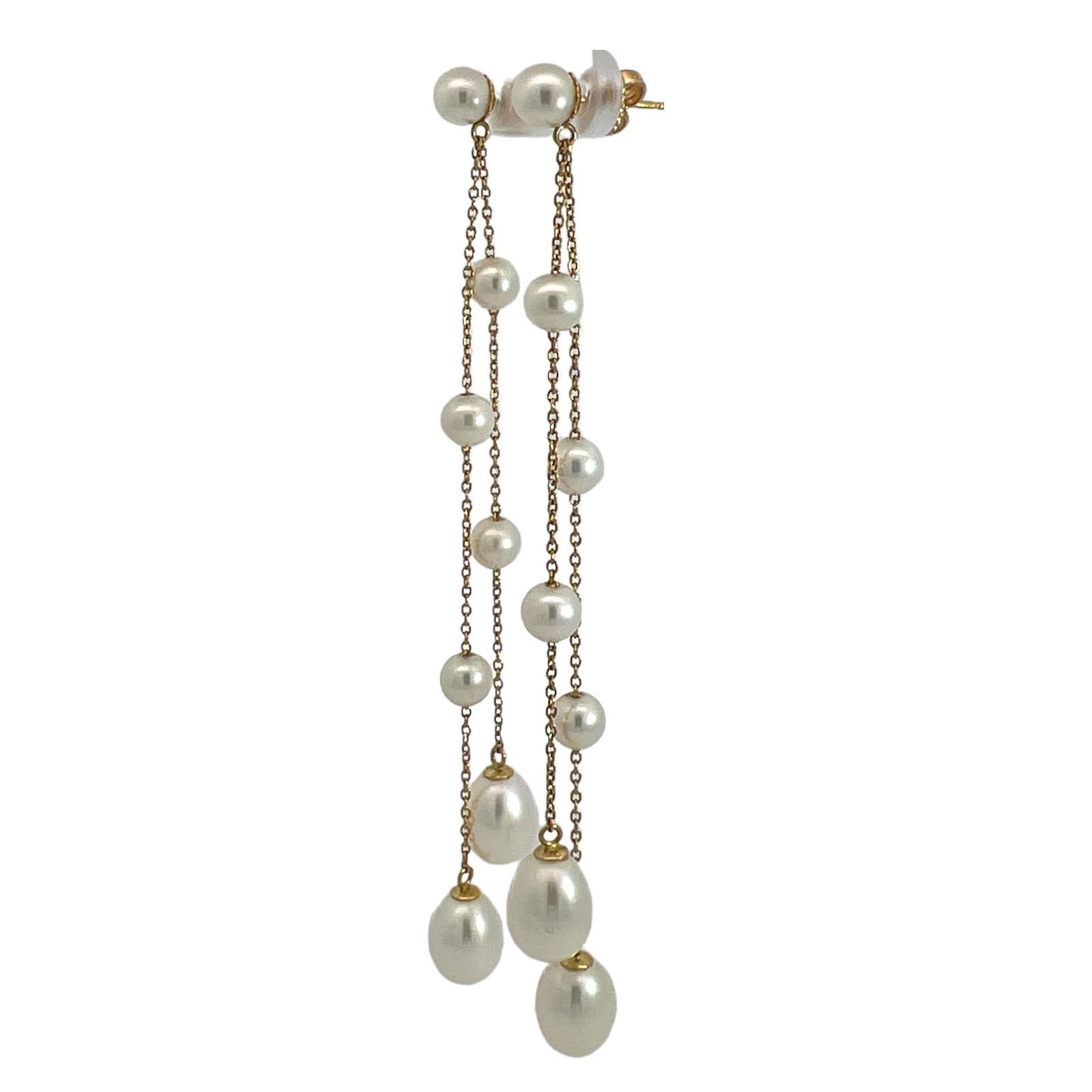 Cultured Pearl 14 Karat Yellow Gold Drop Dangle Modern Earrings In Excellent Condition In Boca Raton, FL