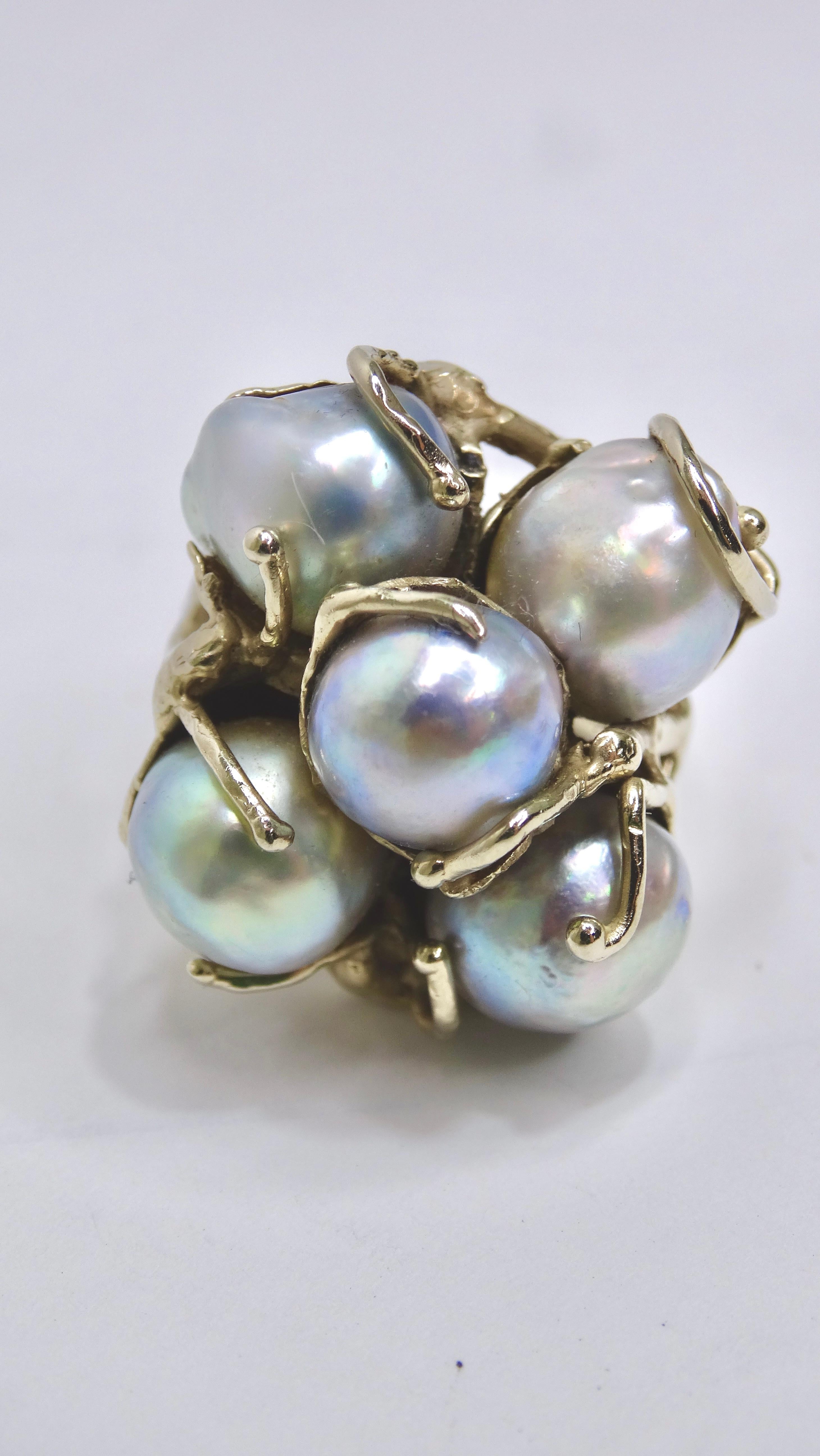 Non taillé Bague en or blanc 14 carats avec perle de culture, années 1970 en vente