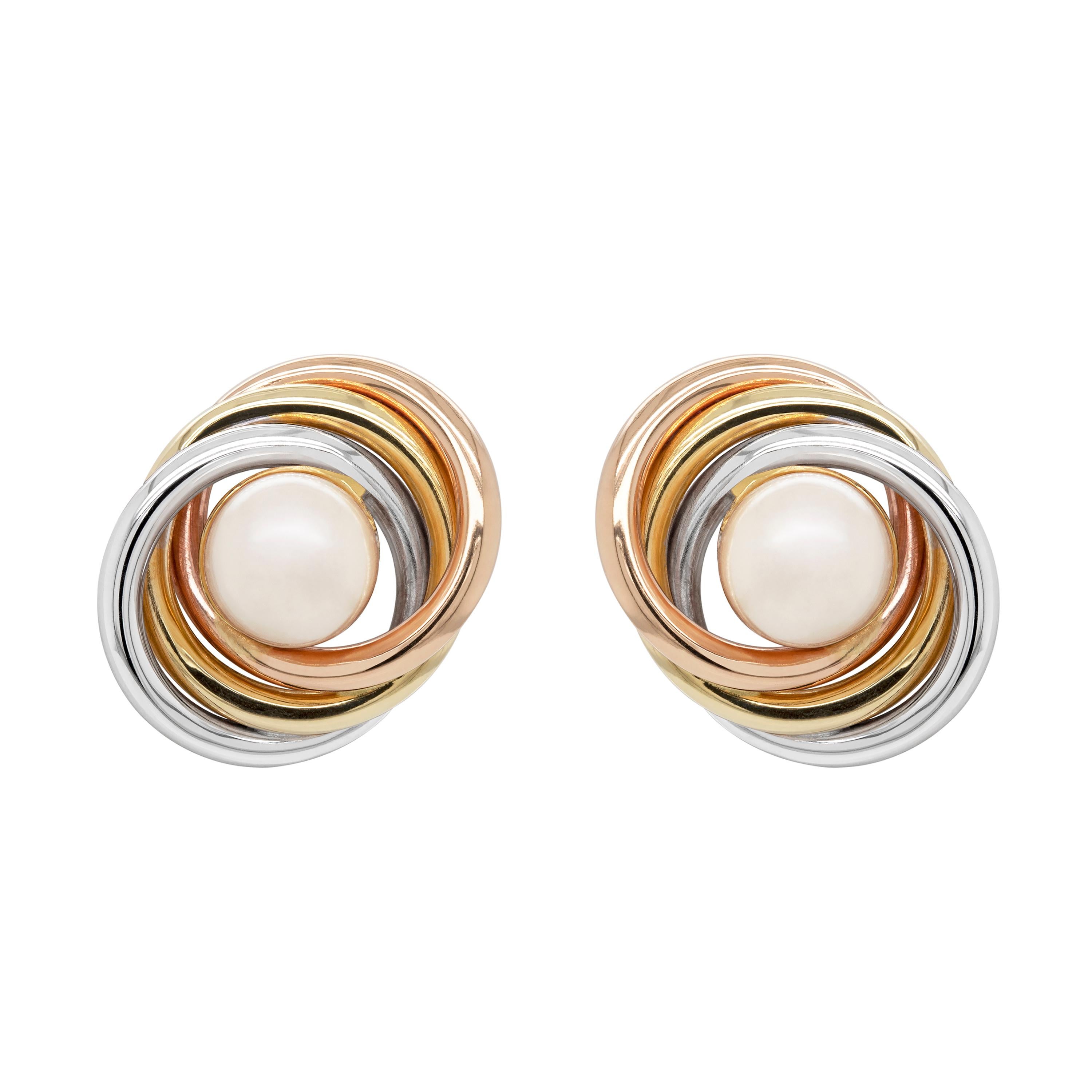 Cultured Pearl 18 Carat White, Yellow and Rose Gold Tricolor Stud Earrings