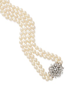 Cultured Pearl 2-Strand Necklace w/ 18k White Gold & 9.3 Carat Diamonds, 26 Inch