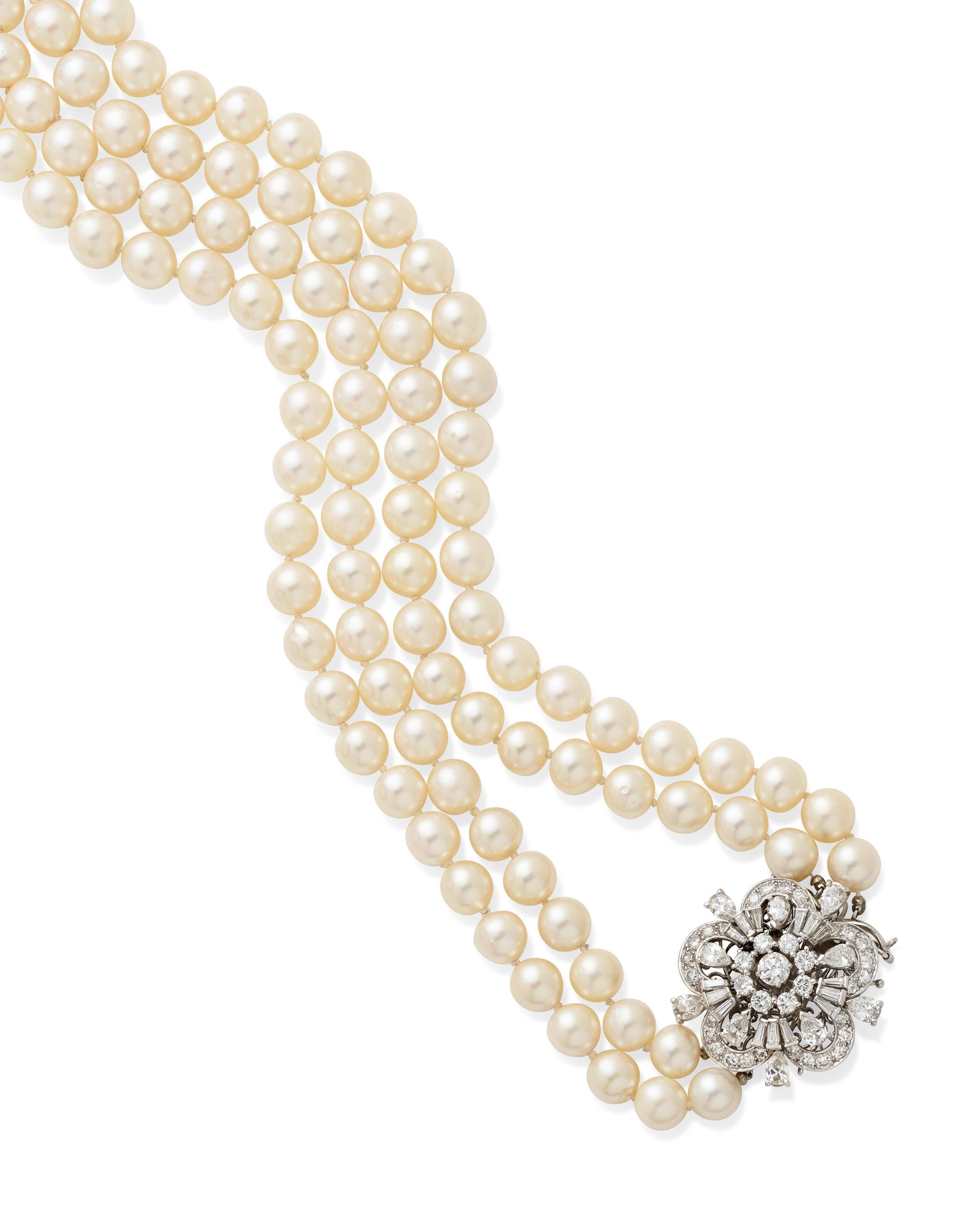 Women's or Men's Cultured Pearl 2-Strand Necklace w/ 18k White Gold & 9.3 Carat Diamonds, 26 Inch For Sale