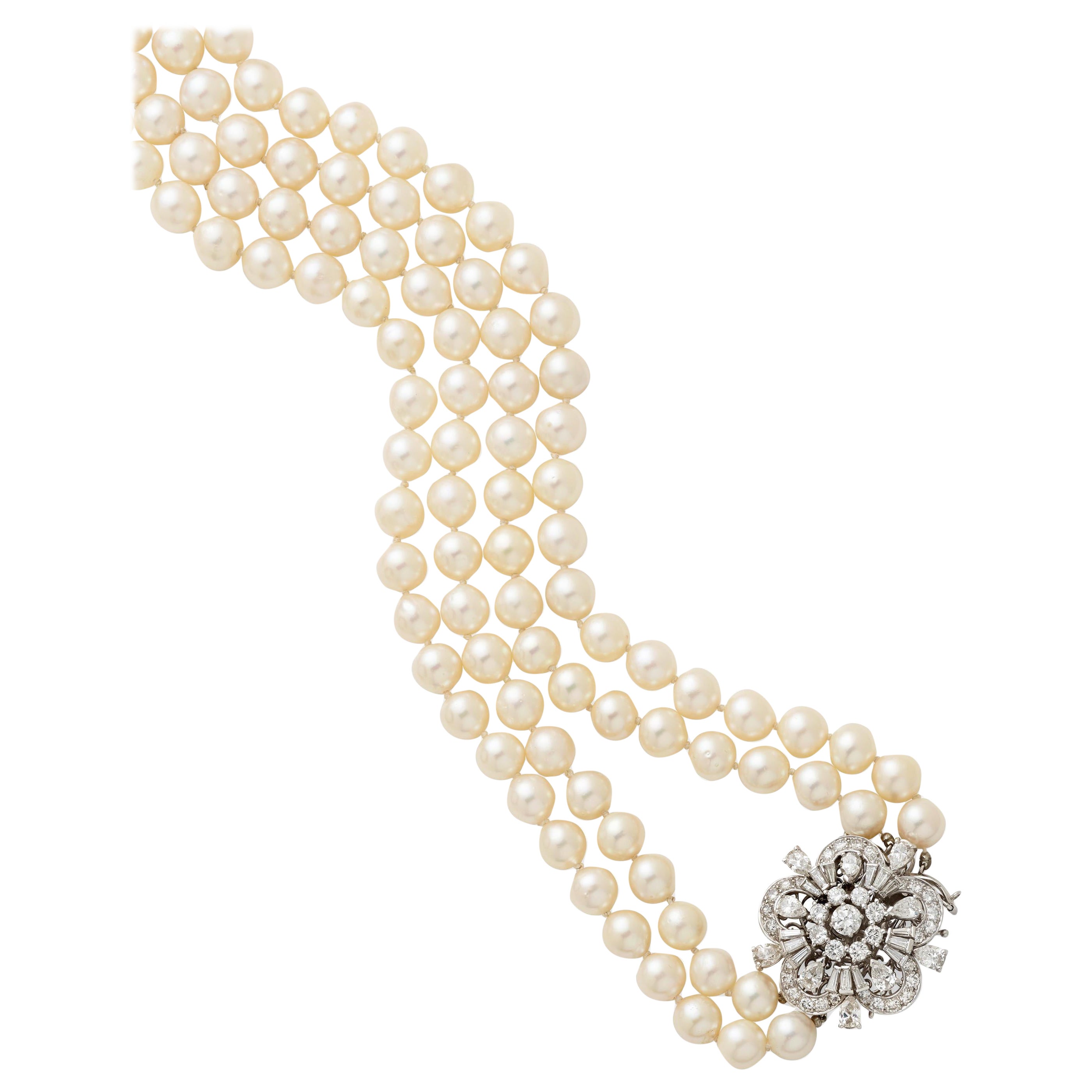 Cultured Pearl 2-Strand Necklace w/ 18k White Gold 
9.3 Carat Diamonds, 26 Inch For Sale