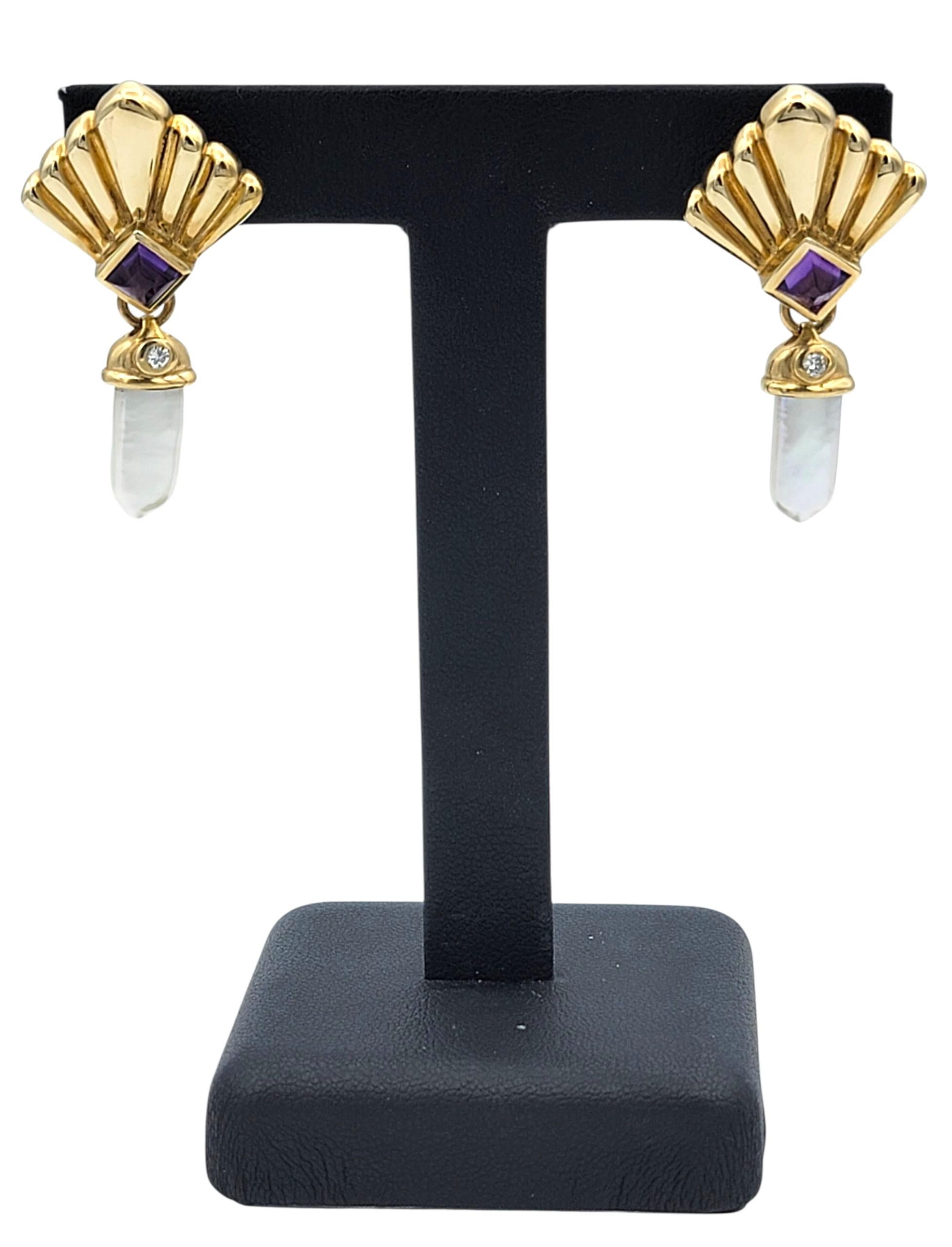 Boucles d'oreilles pendantes à motif éventail en or 14 carats avec perles de culture, améthystes et diamants en vente 4