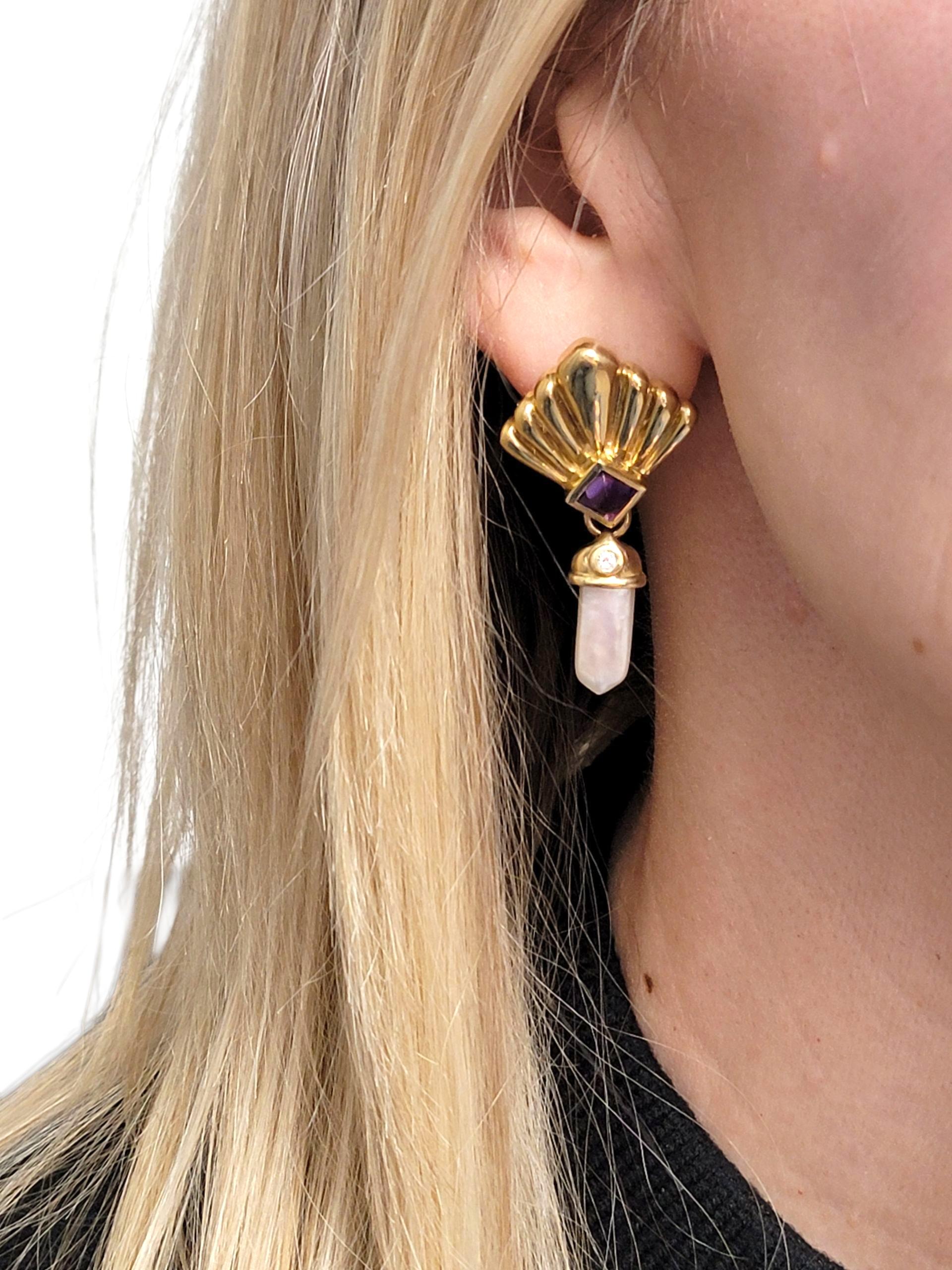 Boucles d'oreilles pendantes à motif éventail en or 14 carats avec perles de culture, améthystes et diamants en vente 5
