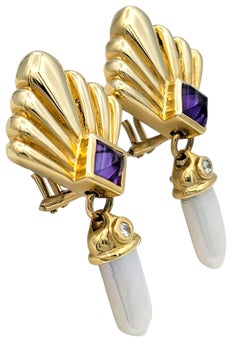 Cultured Pearl, Amethyst & Diamond Dangle Fan Motif Drop Earrings 14 Karat Gold