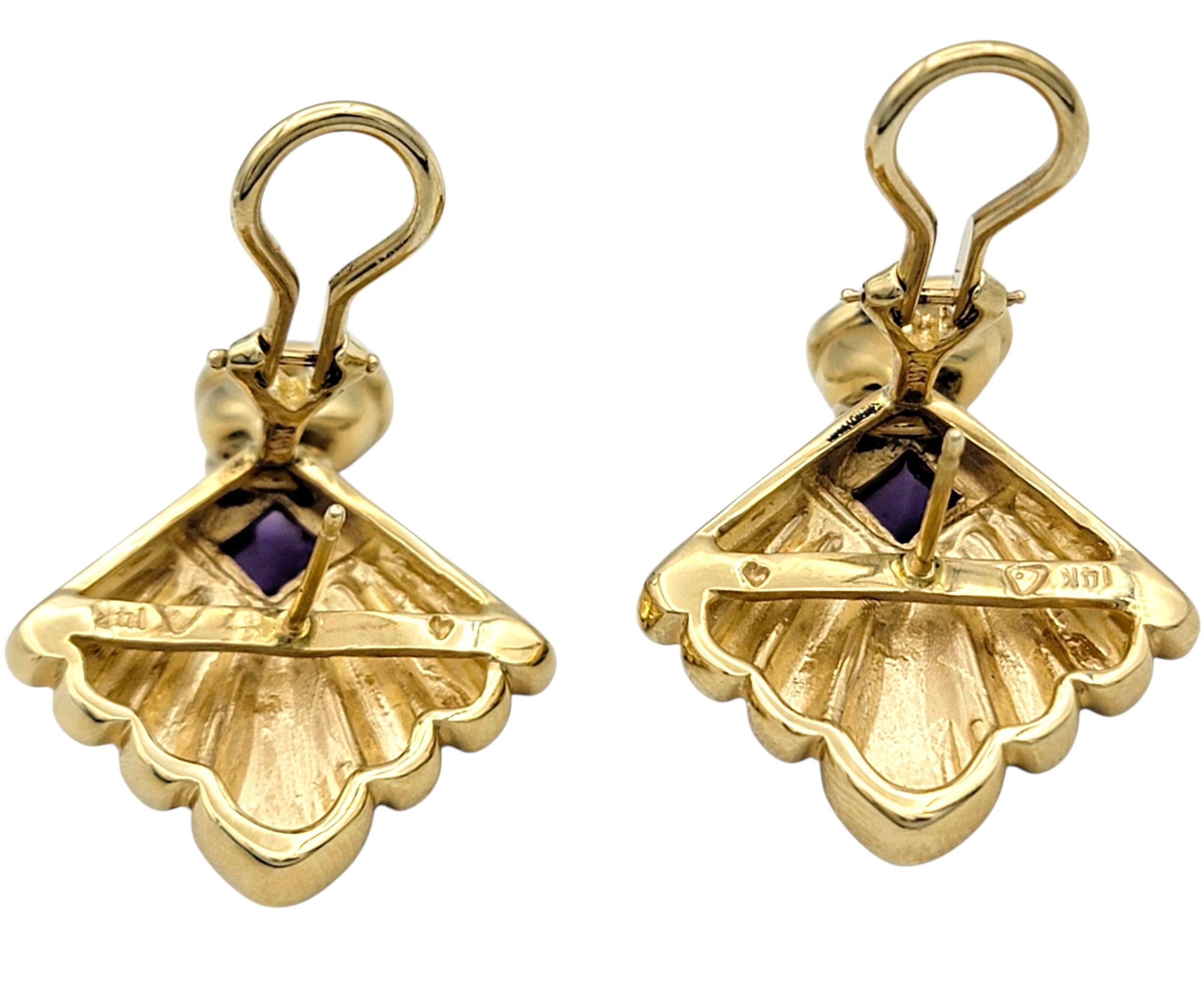 Boucles d'oreilles pendantes à motif éventail en or 14 carats avec perles de culture, améthystes et diamants en vente 1