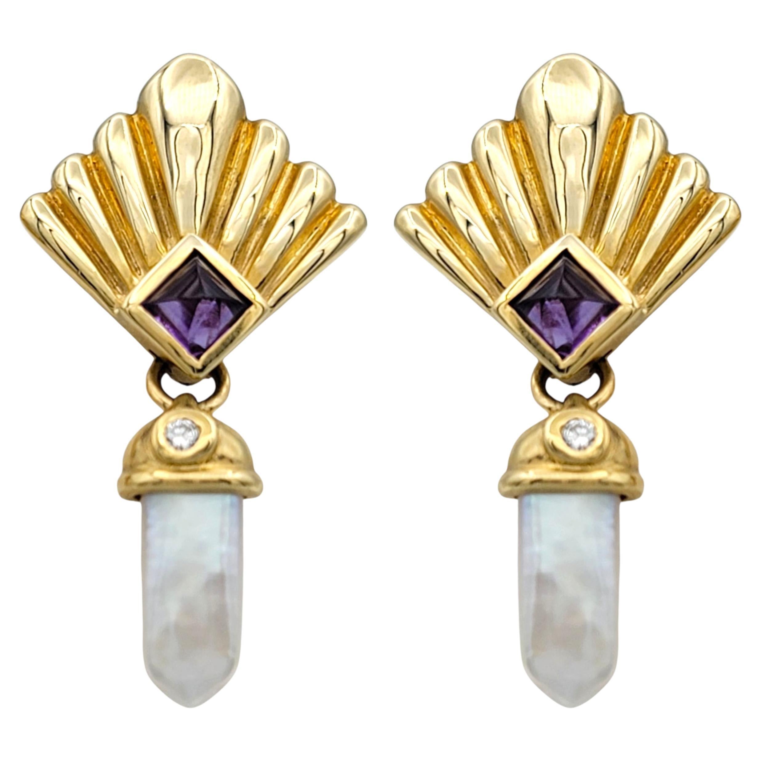 Boucles d
oreilles pendantes à motif éventail en or 14 carats avec perles de culture, améthystes et diamants en vente
