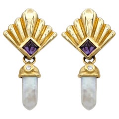 Boucles d'oreilles pendantes à motif éventail en or 14 carats avec perles de culture, améthystes et diamants