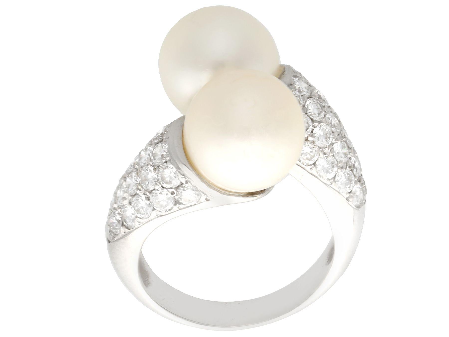 Women's or Men's 1970s Cultured Pearl and 1.70 carat Diamond White Gold Cocktail Ring For Sale