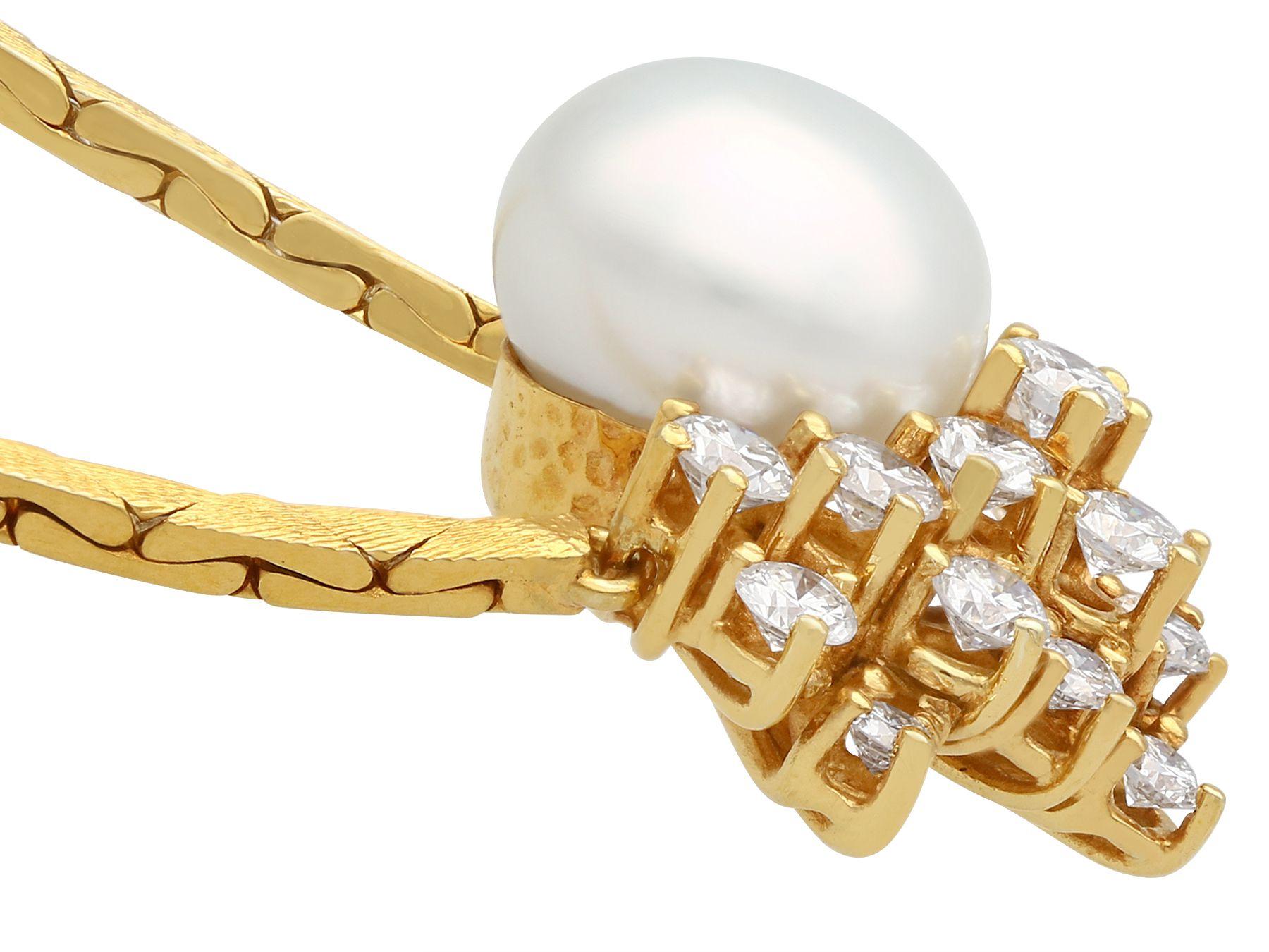 Round Cut Cultured Pearl and 1.75 Carat Diamond Yellow Gold Necklace For Sale