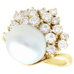 Cultured Pearl and 1.80 Carat Diamond Yellow Gold Cocktail Ring, circa 1960