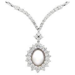 Antique Cultured Pearl and 5.32 Carat Diamond White Gold Cluster Necklace