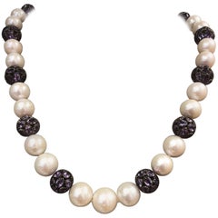Cultured Pearl and Amethyst Collet Set Spherical Bead Necklace