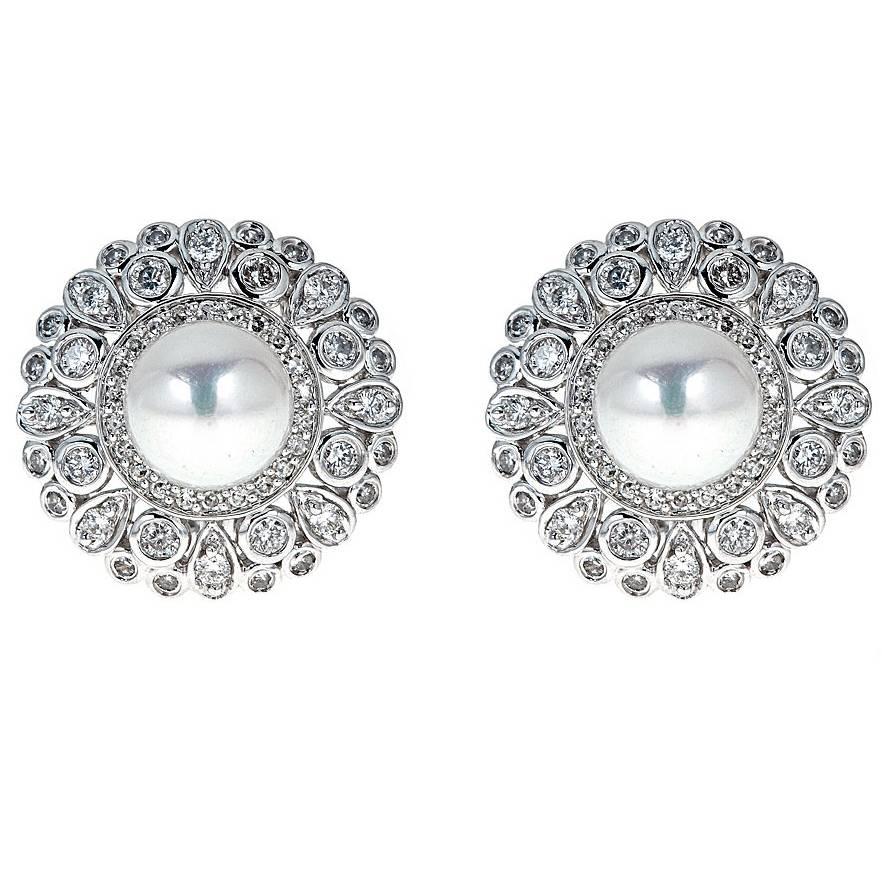 6.7 TCW Cultured Pearl Diamond Diamond Stud Earrings in 14 karat White Gold