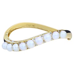 Vintage Cultured Pearl and Diamond 14K Gold Bangle