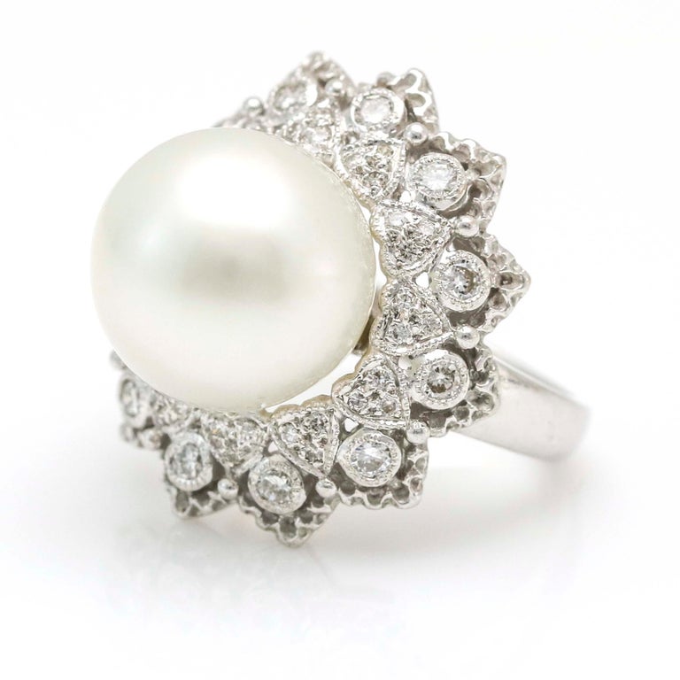 Cultured Pearl and Diamond 18 Karat White Gold Cocktail Ring For Sale ...