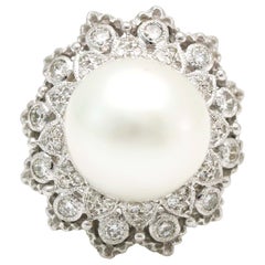 Cultured Pearl and Diamond 18 Karat White Gold Cocktail Ring