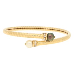 Cultured Pearl and Diamond Bangle in 18ct Yellow Gold