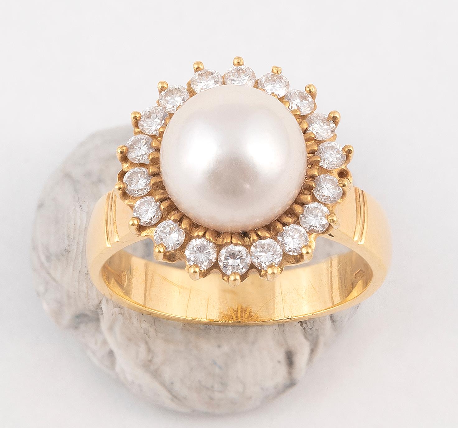 Retro Cultured Pearl and Diamond Cluster Ring For Sale