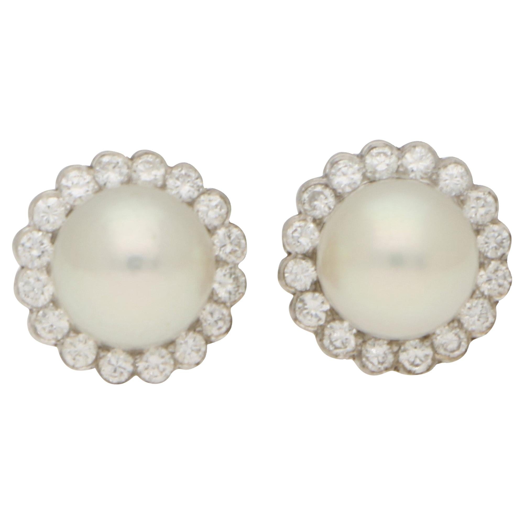 Cultured Pearl and Diamond Cluster Stud Earrings in 18 Karat White Gold