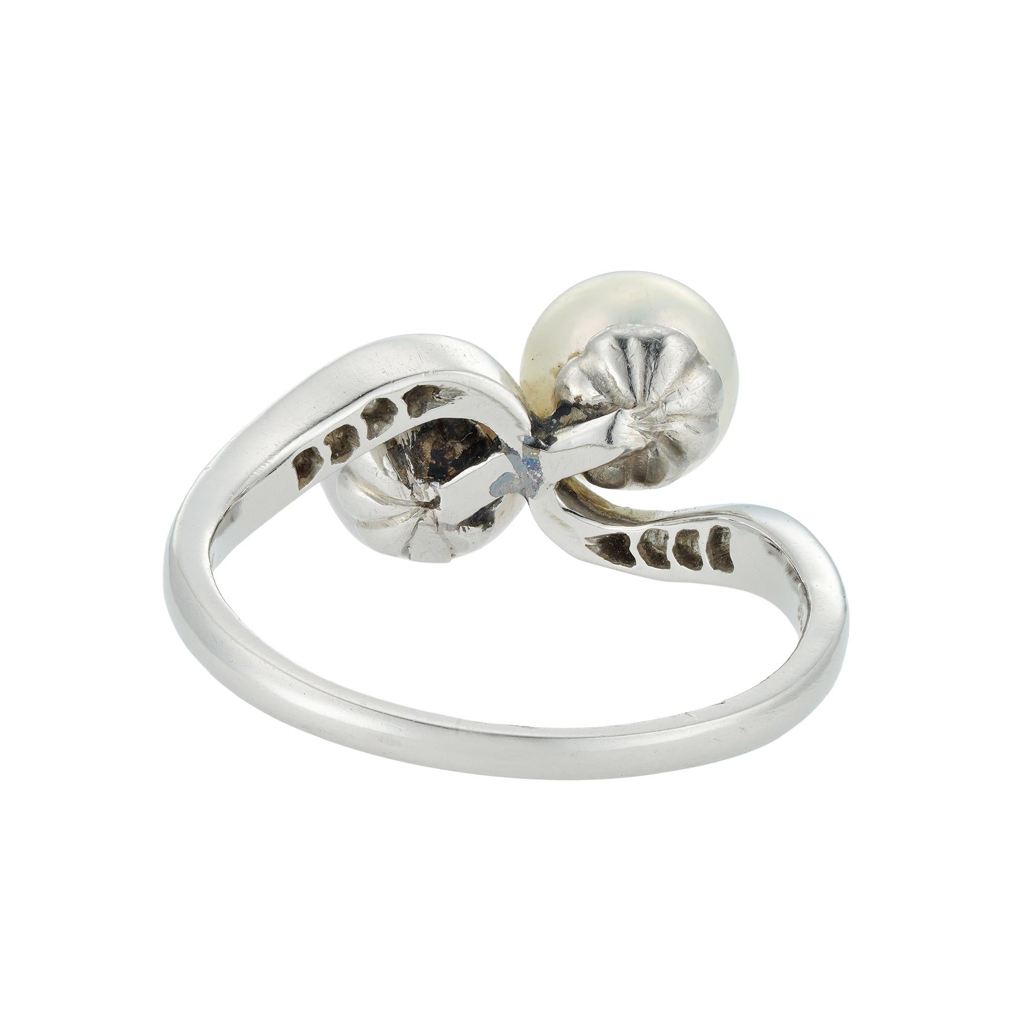 Round Cut Cultured Pearl and Diamond Crossover Ring For Sale